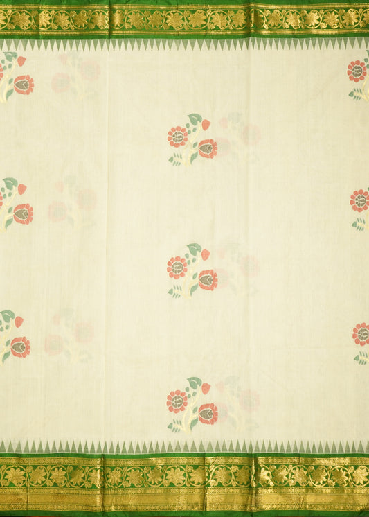 Cream Ponduru All Over Jamdani Buti Pure Cotton Handloom Saree