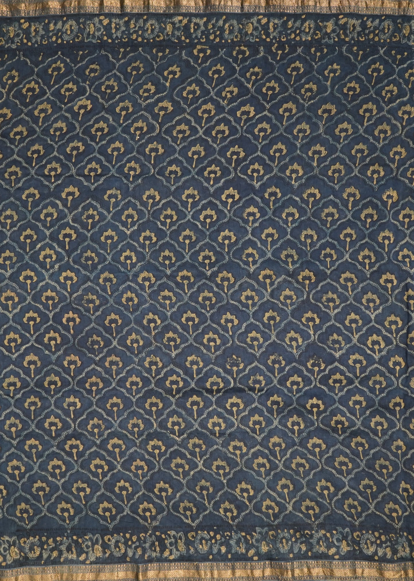 Navy Blue Maheshwari Ajrakh Pure Cotton silk Handloom Saree
