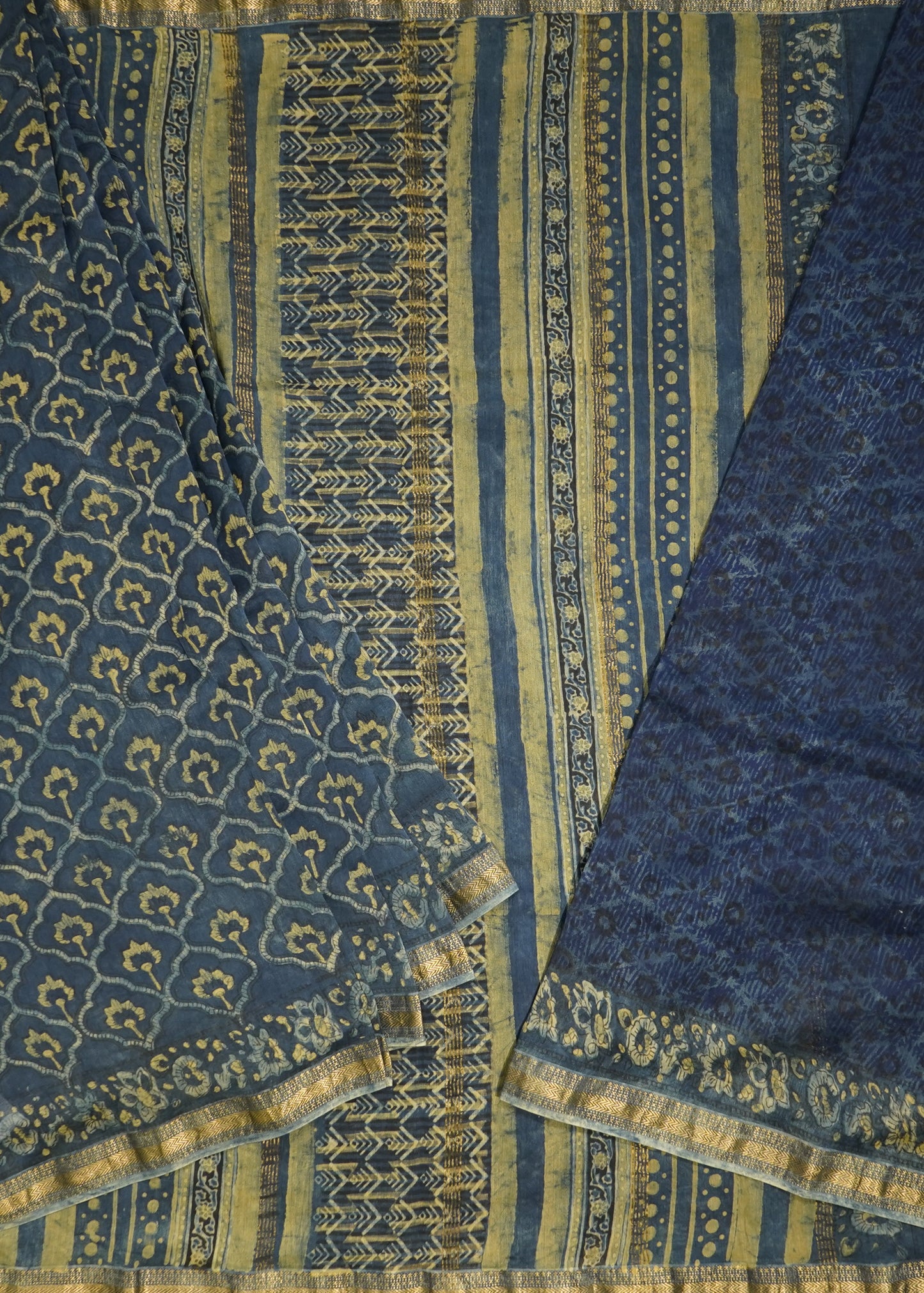 Navy Blue Maheshwari Ajrakh Pure Cotton silk Handloom Saree