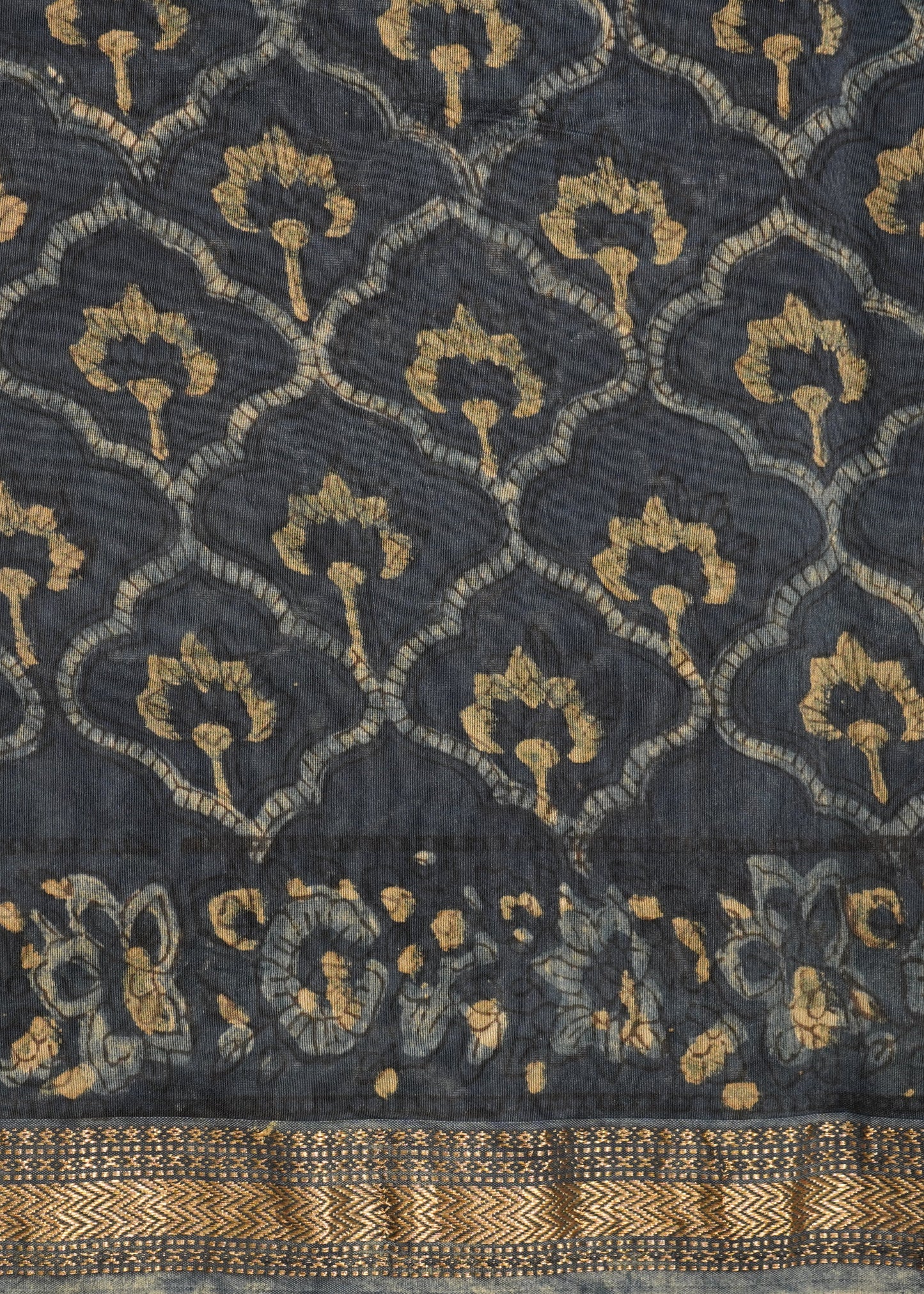 Navy Blue Maheshwari Ajrakh Pure Cotton silk Handloom Saree