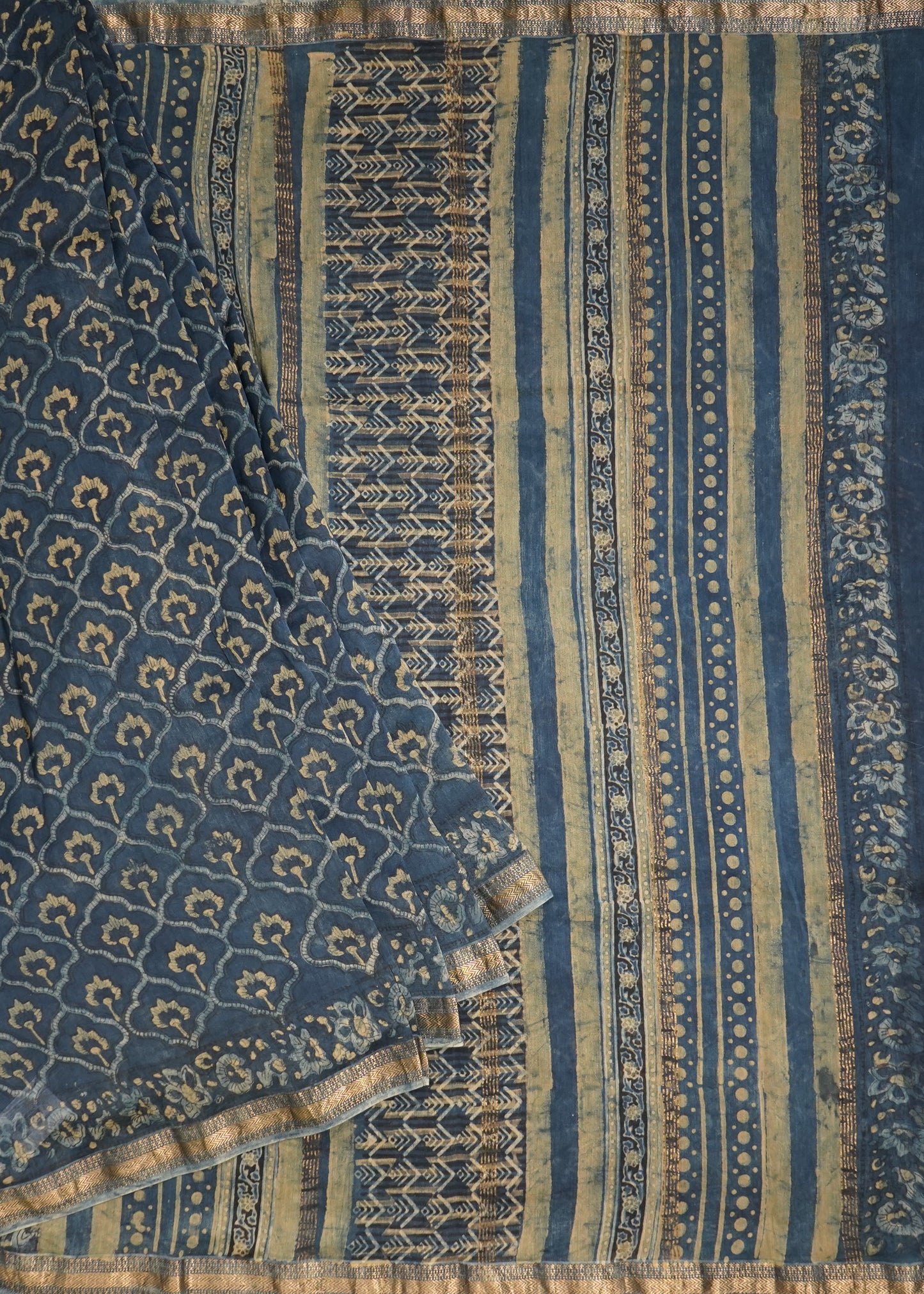 Navy Blue Maheshwari Ajrakh Pure Cotton silk Handloom Saree