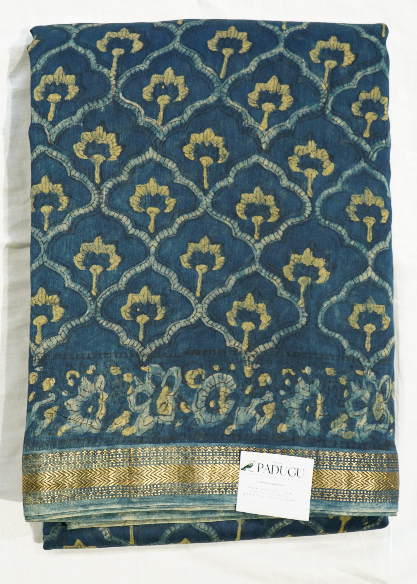 Navy Blue Maheshwari Ajrakh Pure Cotton silk Handloom Saree