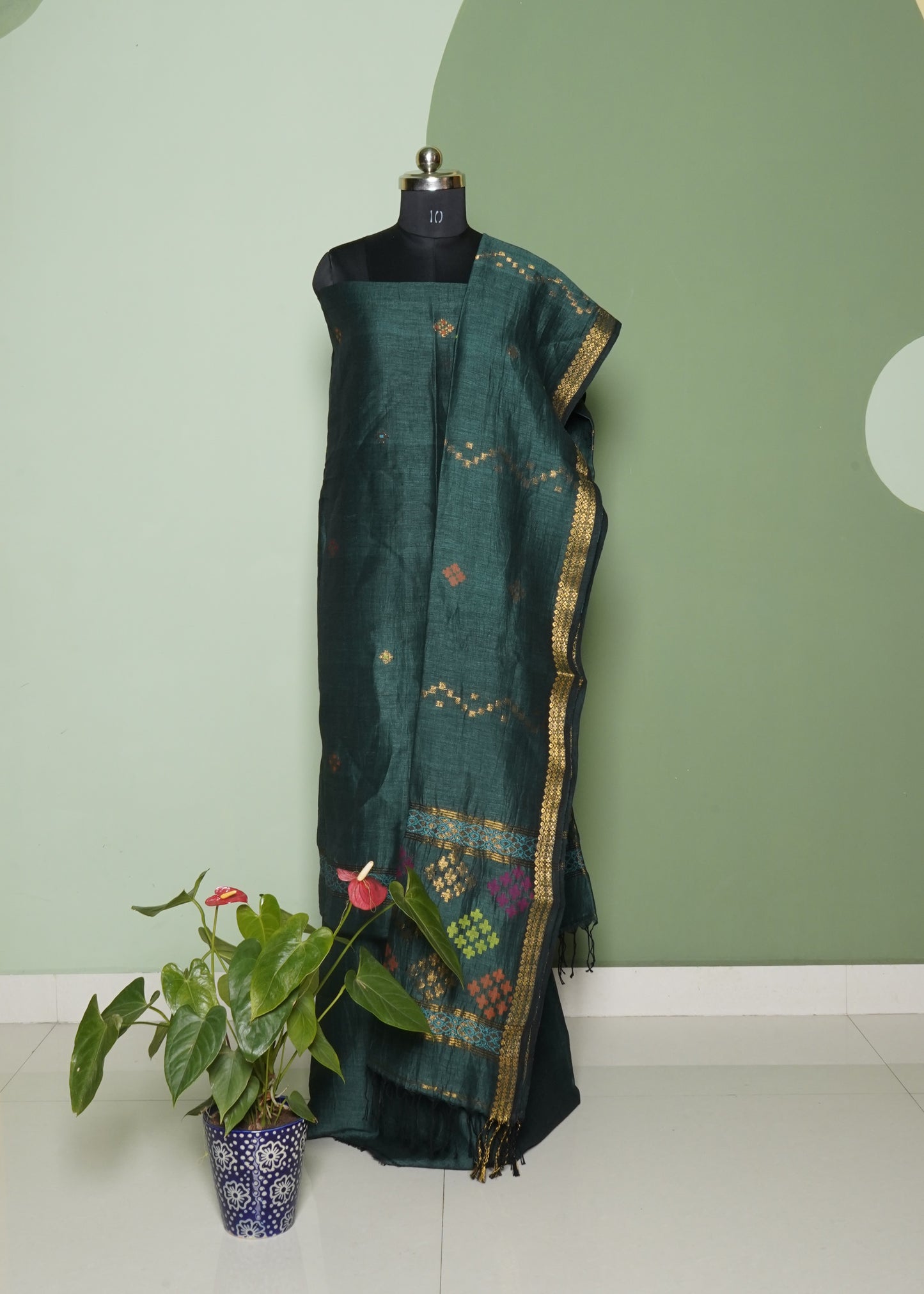 Green Bengal Linen Pure Cotton Handloom Dress Material