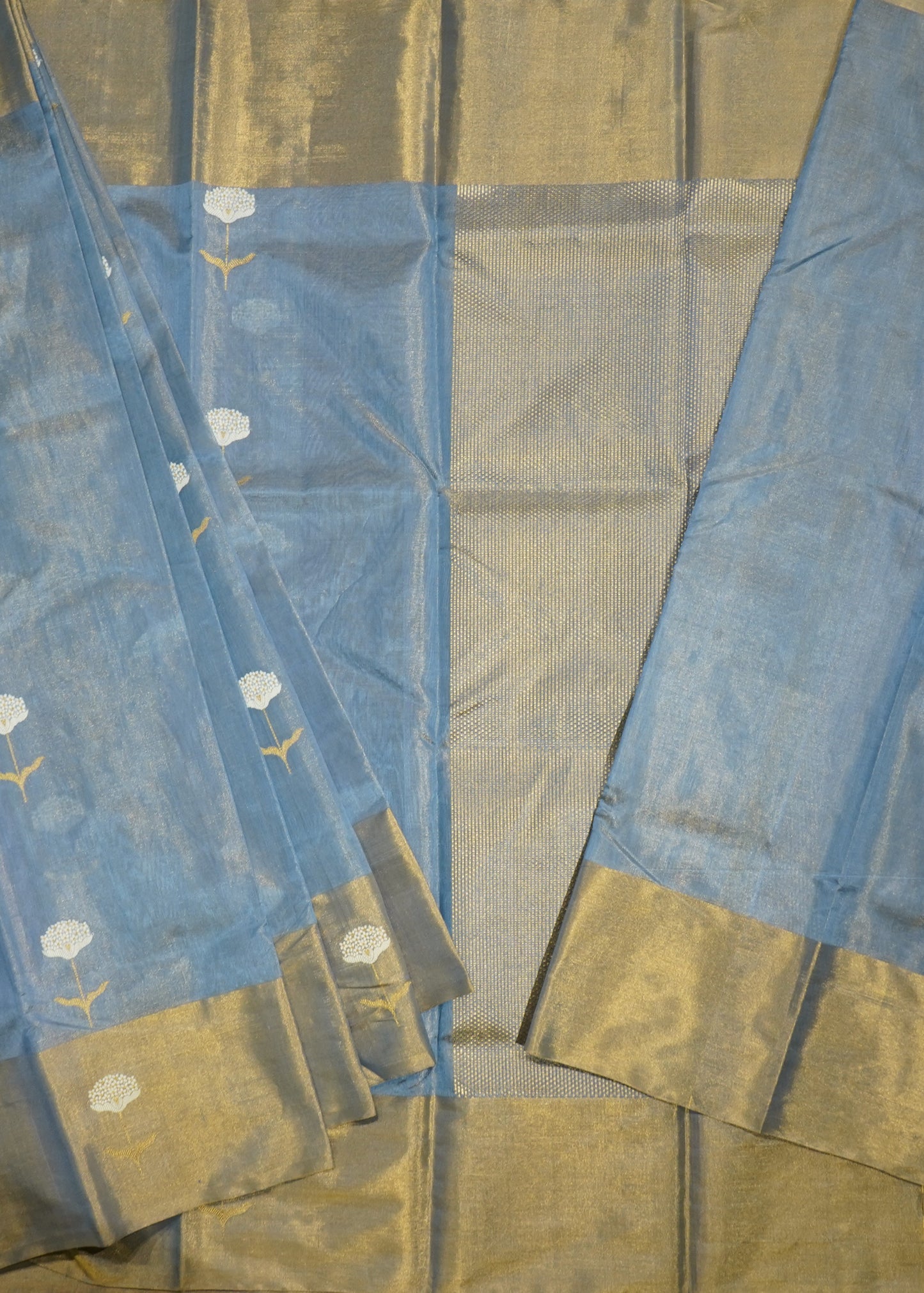 Blue Chanderi Eknali Zari Buti Pure Silk Handloom Saree