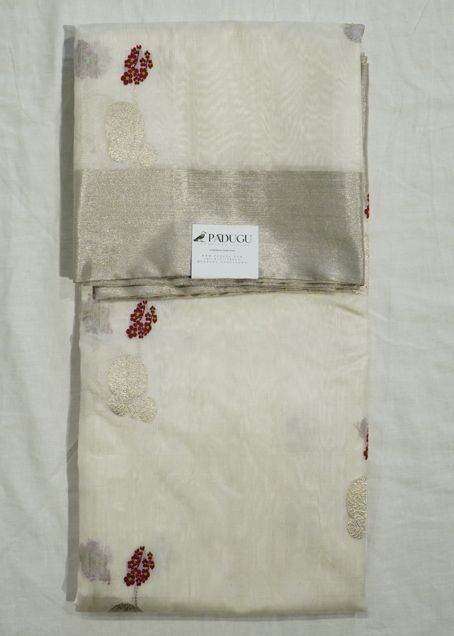 WhiteChanderi Eknaaliya Zari Buti Pure Silk Handloom Saree
