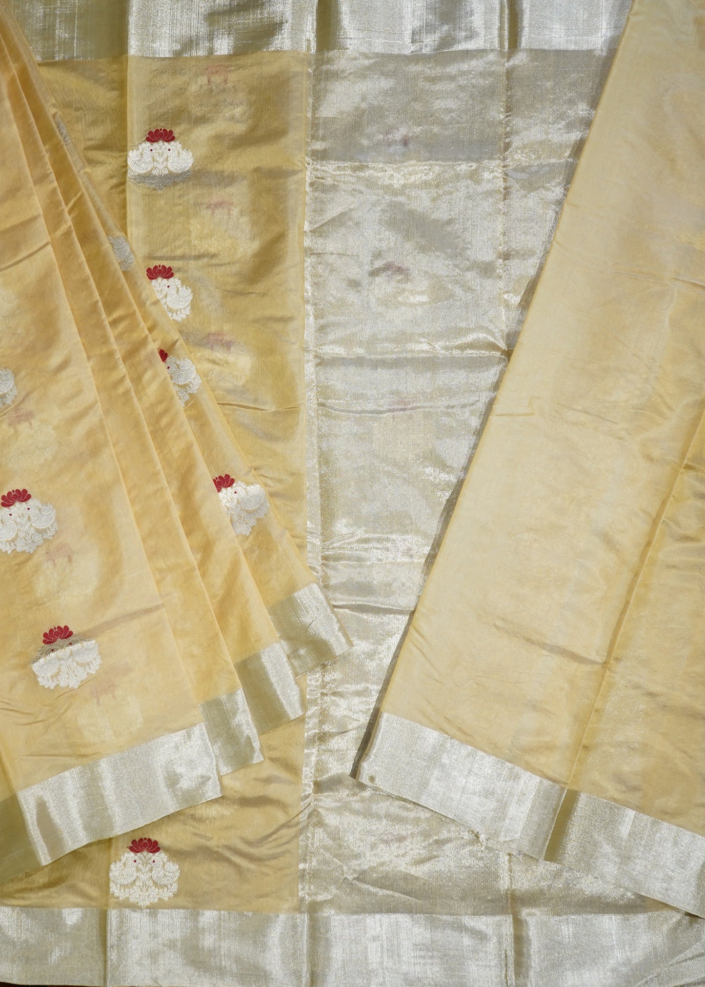 Gold Cream Chanderi Eknaaliya Zari Buti Pure Silk Handloom Saree