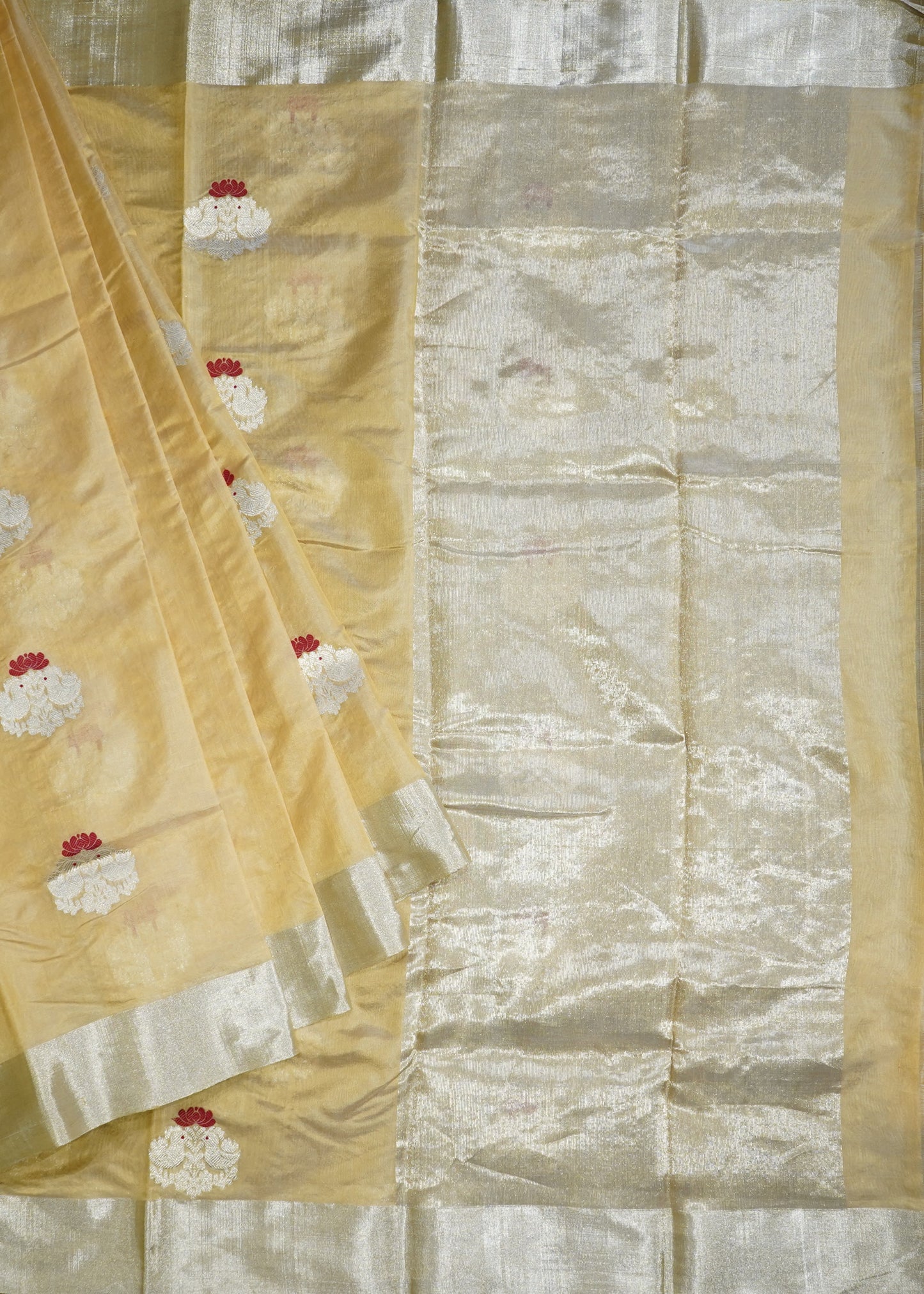 Gold Cream Chanderi Eknaaliya Zari Buti Pure Silk Handloom Saree