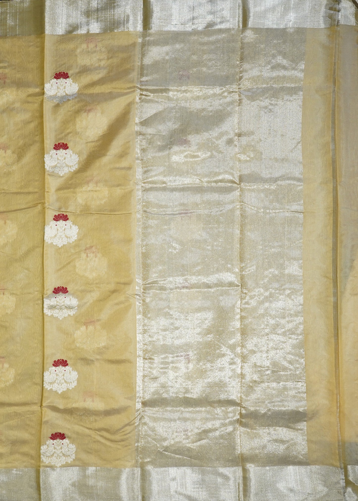 Gold Cream Chanderi Eknaaliya Zari Buti Pure Silk Handloom Saree