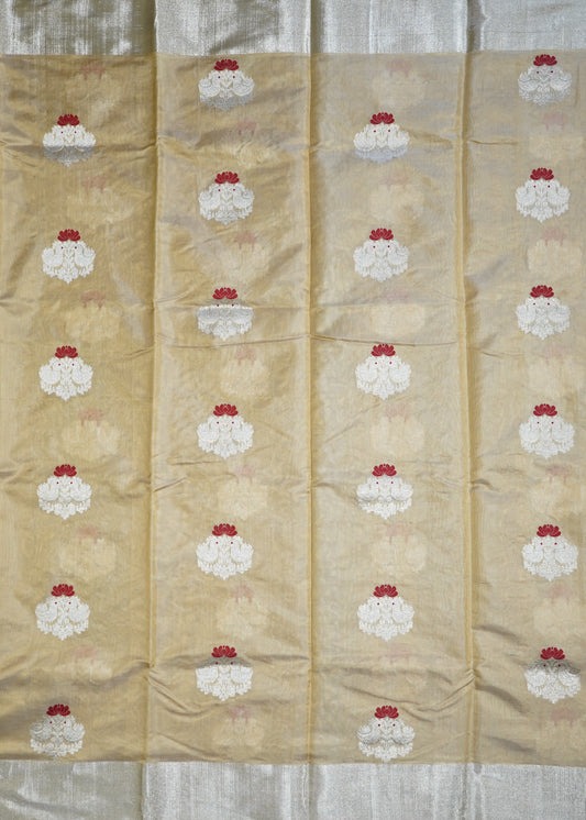Gold Cream Chanderi Eknaaliya Zari Buti Pure Silk Handloom Saree