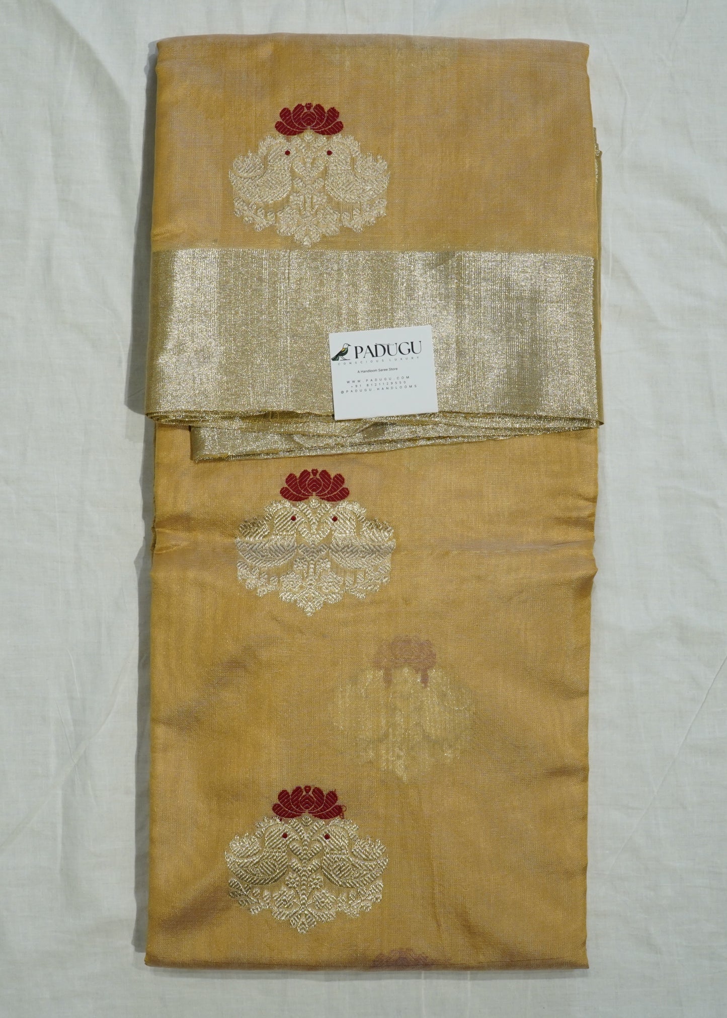 Gold Cream Chanderi Eknaaliya Zari Buti Pure Silk Handloom Saree