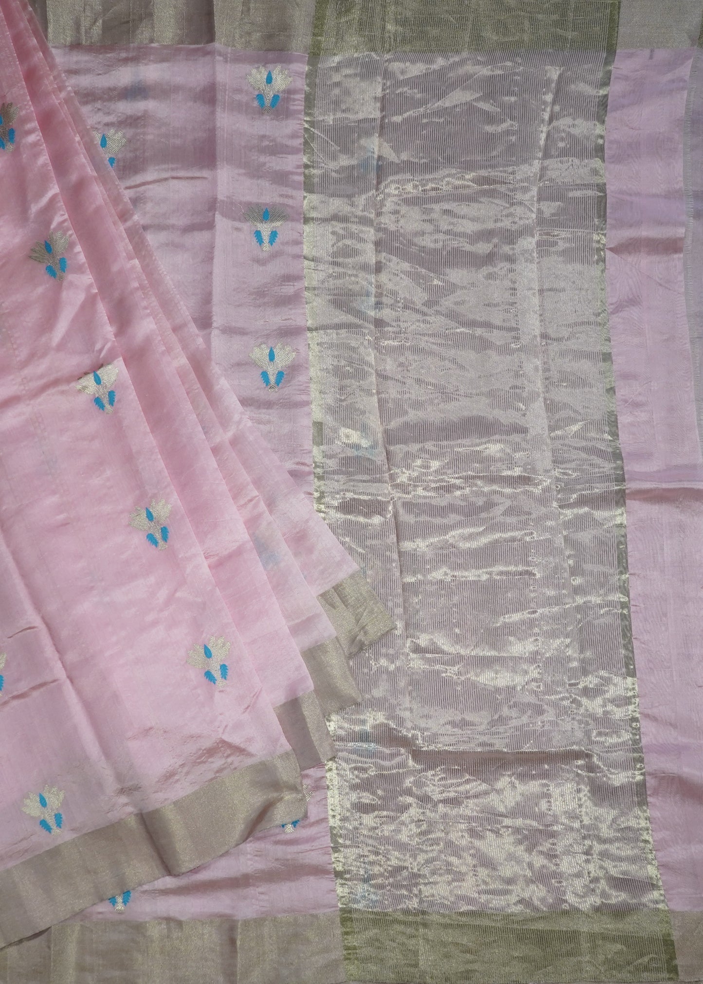 Baby Pink Chanderi Eknaaliya Zari Buti Pure Silk Handloom Saree