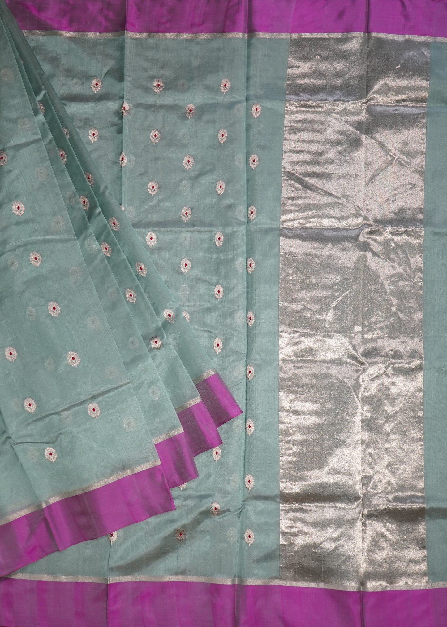 Sea Green Chanderi Eknaaliya Zari Buti Pure Silk Handloom Saree