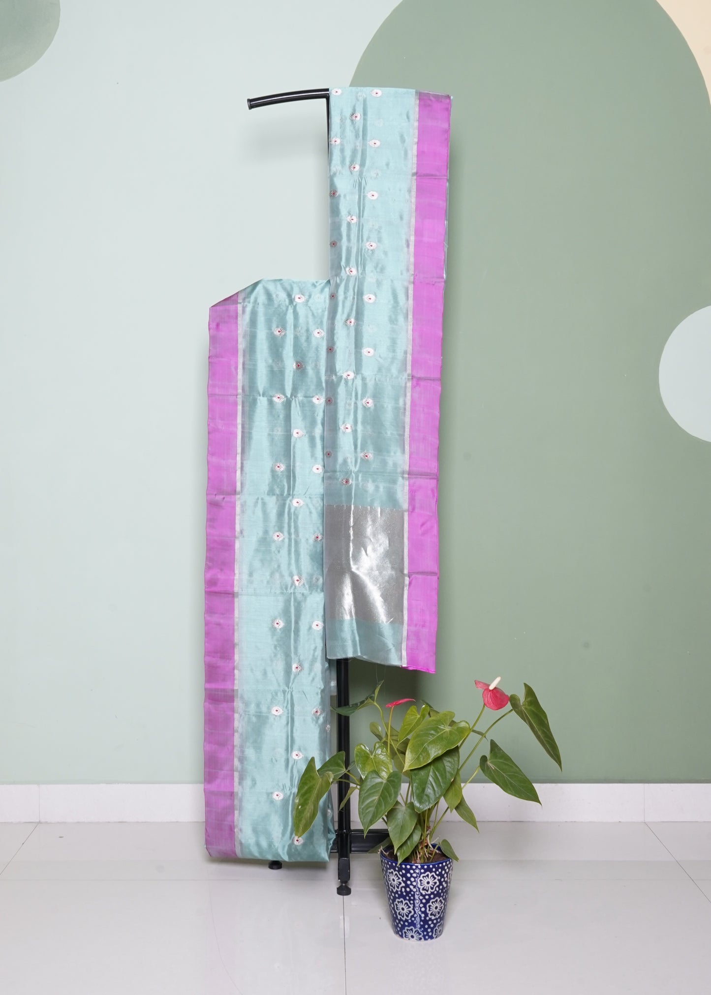 Sea Green Chanderi Eknaaliya Zari Buti Pure Silk Handloom Saree