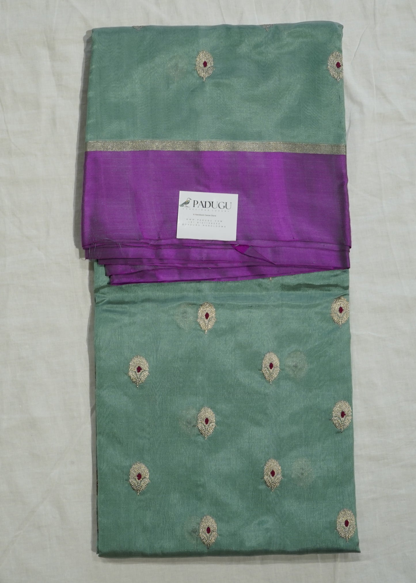 Sea Green Chanderi Eknaaliya Zari Buti Pure Silk Handloom Saree
