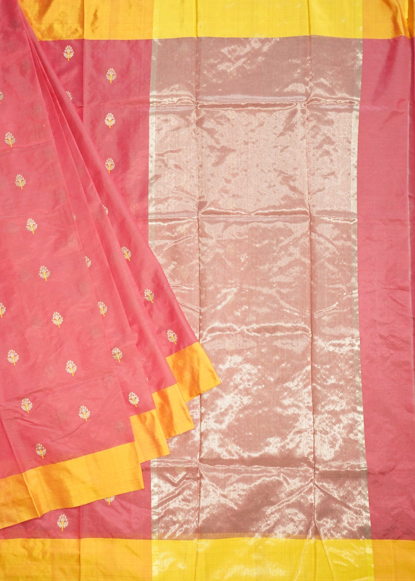 Rose Pink Chanderi Eknali Zari Buti Pure Silk Handloom Saree