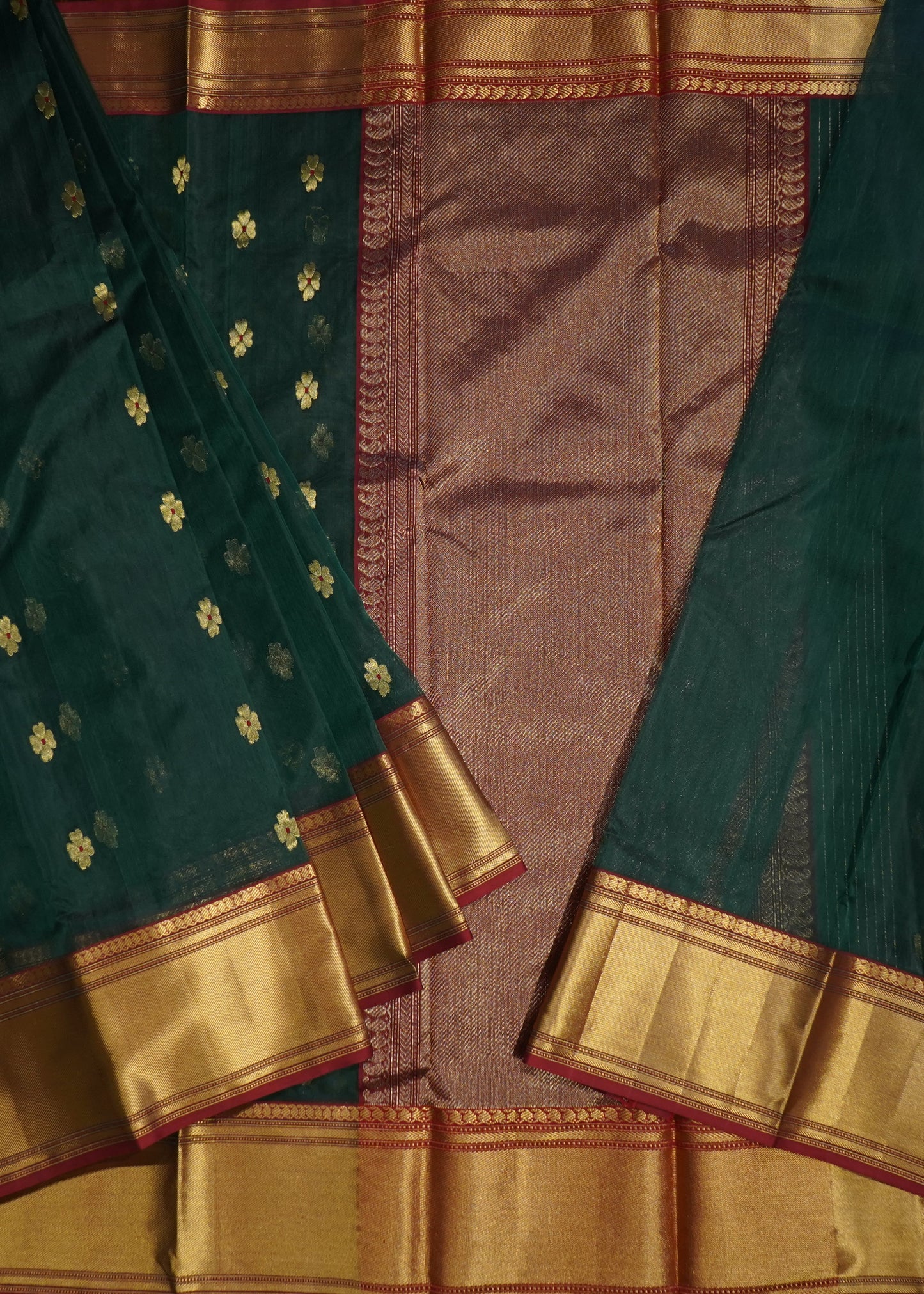 Dark Green Chanderi Zari Buti Organza Pure Silk Handloom Saree