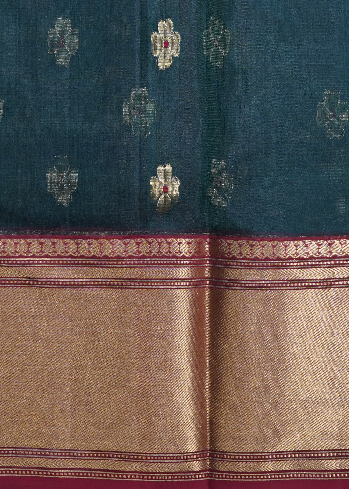 Dark Green Chanderi Zari Buti Organza Pure Silk Handloom Saree