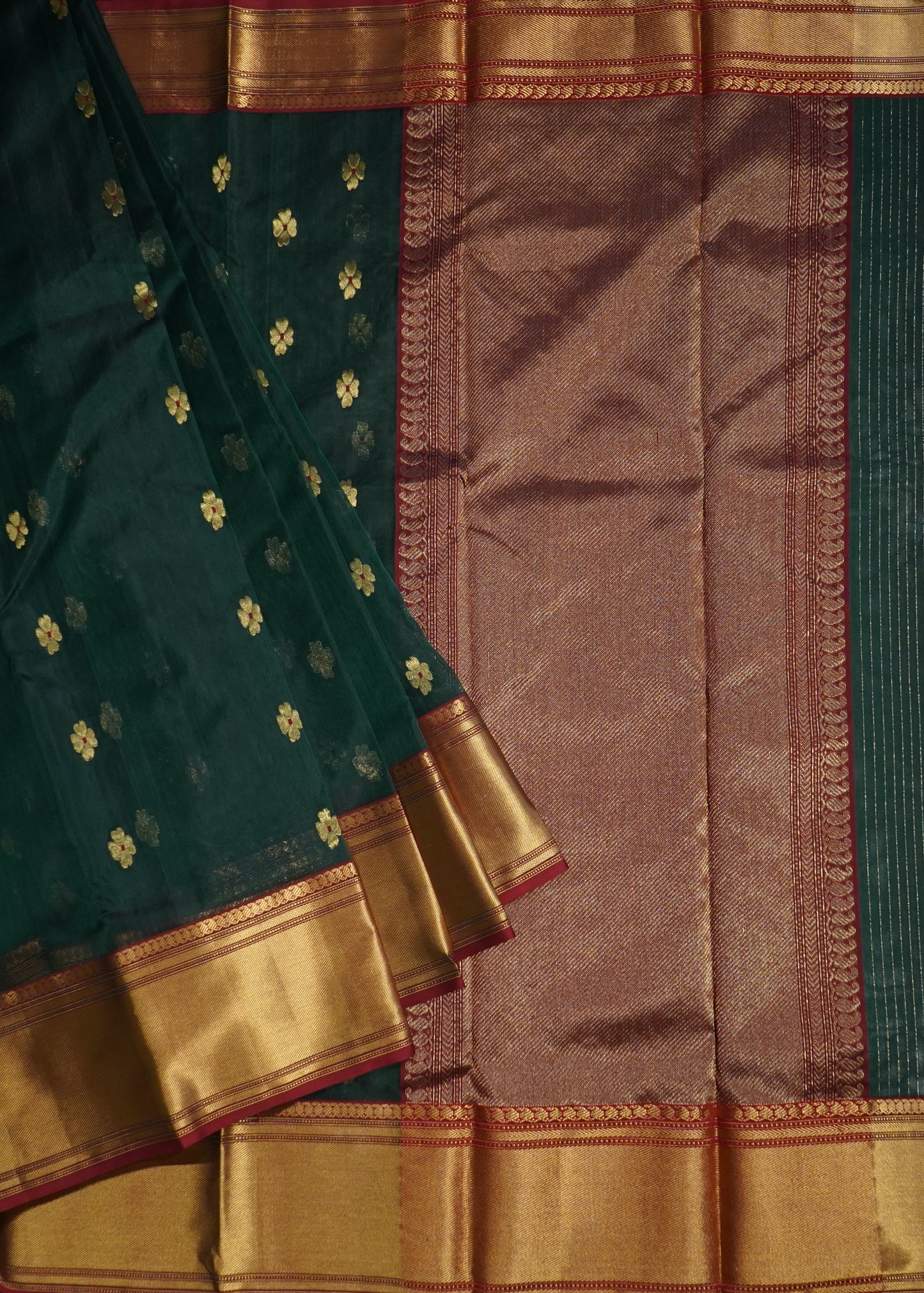 Dark Green Chanderi Zari Buti Organza Pure Silk Handloom Saree