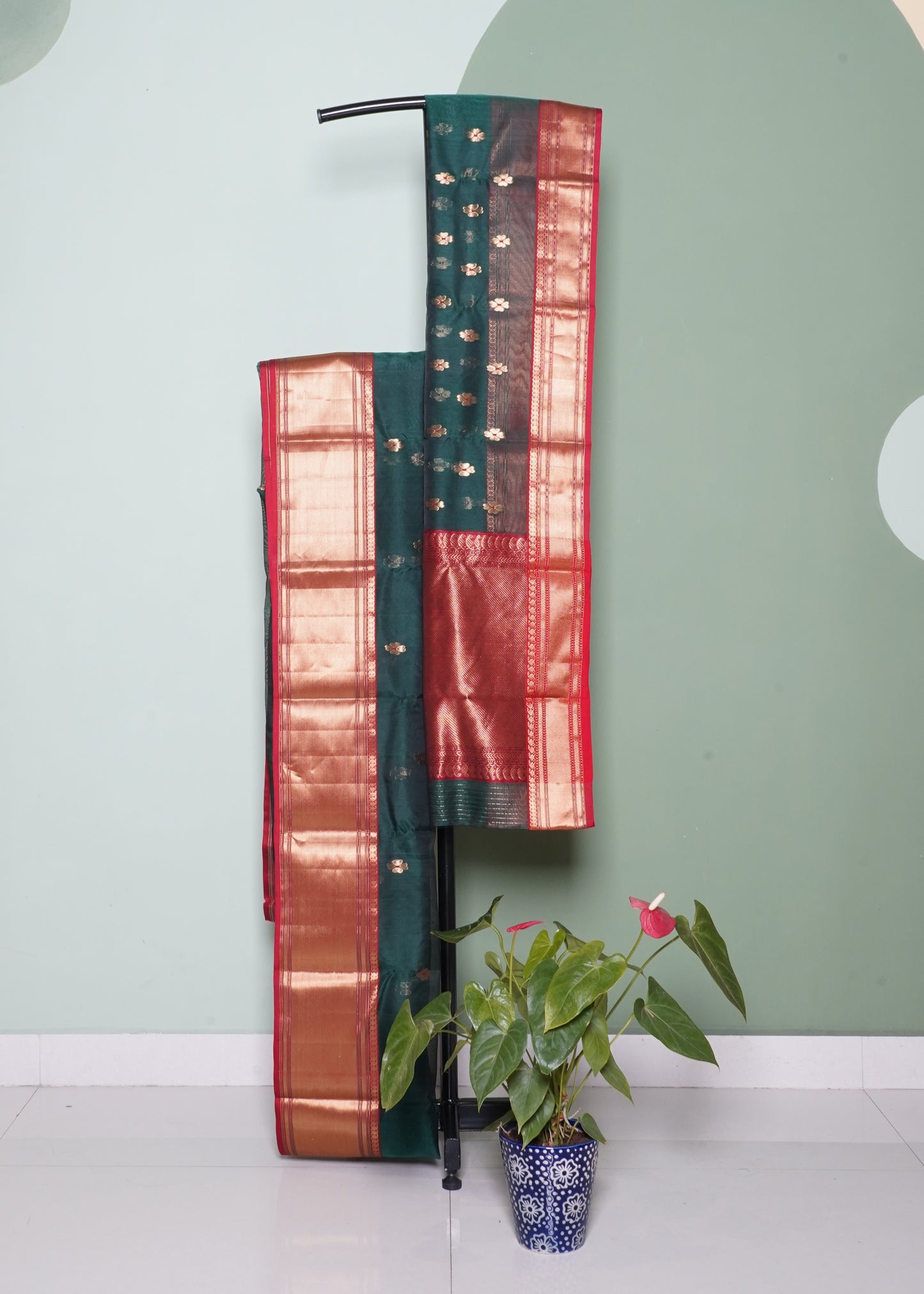 Dark Green Chanderi Zari Buti Organza Pure Silk Handloom Saree