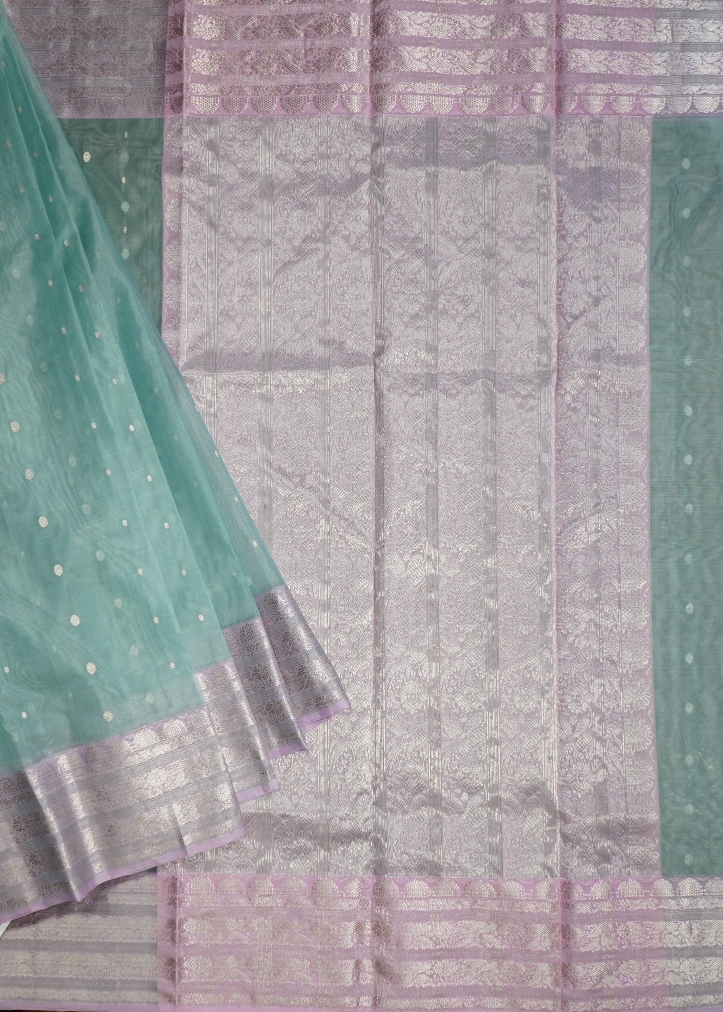 Sea Blue Chanderi Zari Buti Organza Pure Silk Handloom Saree