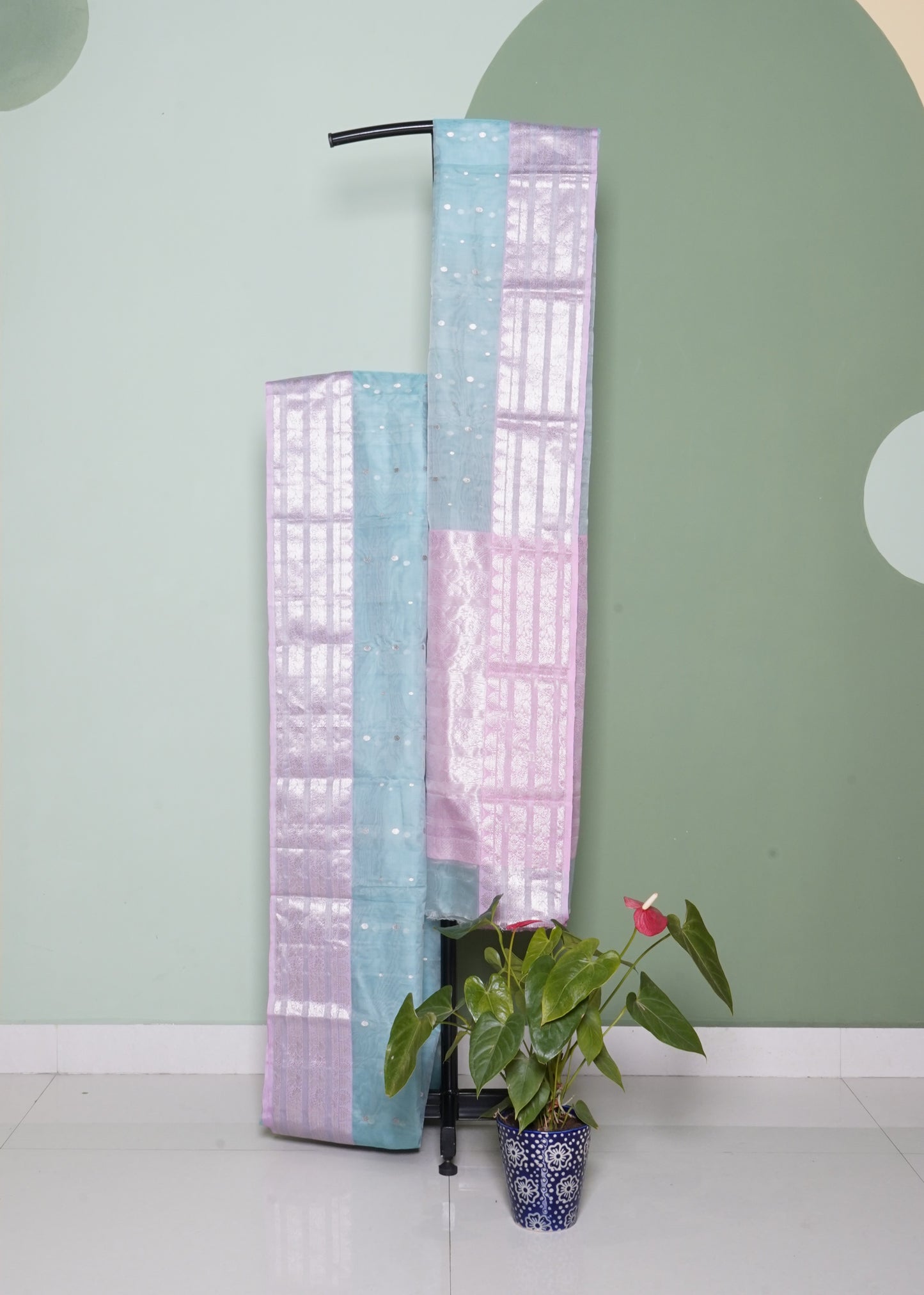 Sea Blue Chanderi Zari Buti Organza Pure Silk Handloom Saree