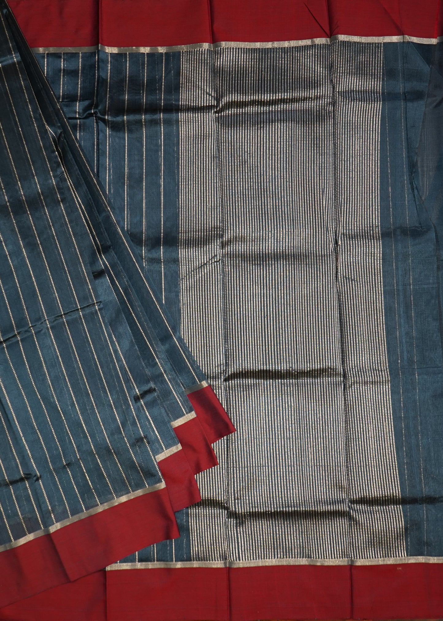 Indigo Chanderi Stripe Design Pure Cotton silk Handloom Saree