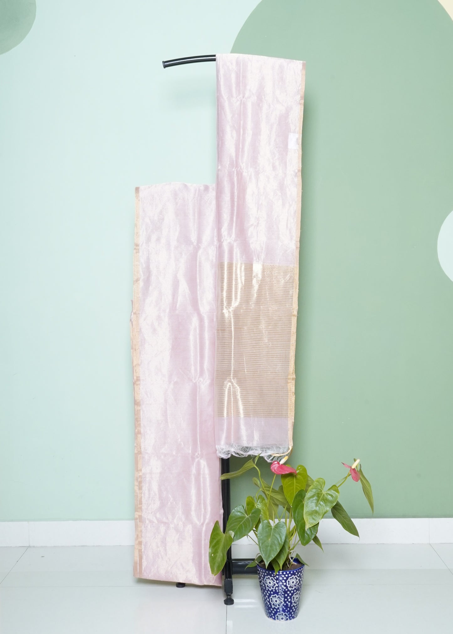 Baby Pink Chanderi Zari Strips Pure Tussar Handloom Saree