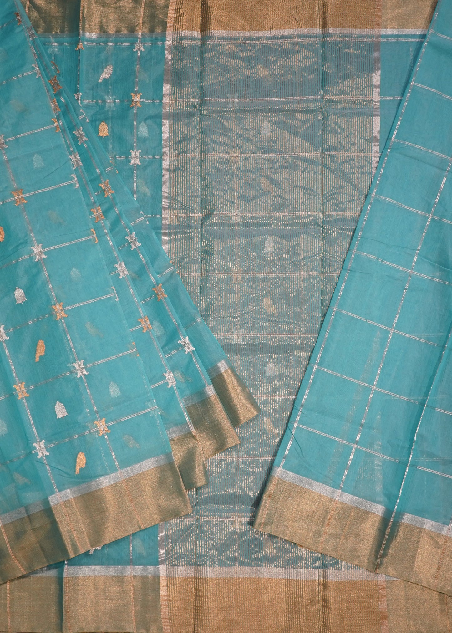 Blue Chanderi Eknaaliya Zari Buti Pure Cotton Silk Handloom Saree