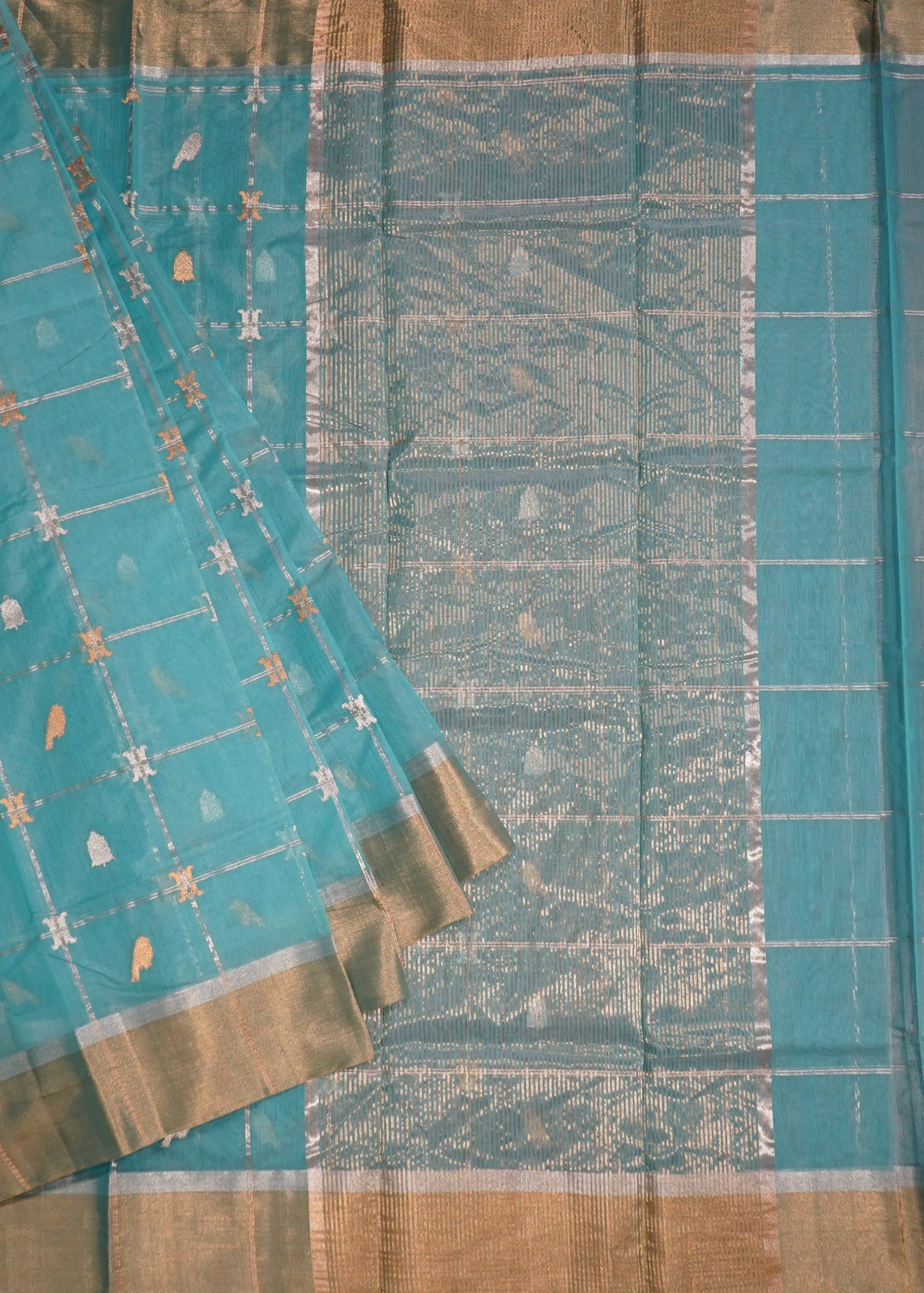 Blue Chanderi Eknaaliya Zari Buti Pure Cotton Silk Handloom Saree