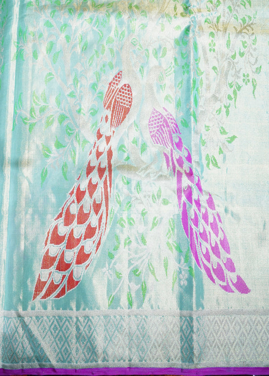 Sea Green Kanchi Kalanjali Tissue Pure Silk Handloom Saree