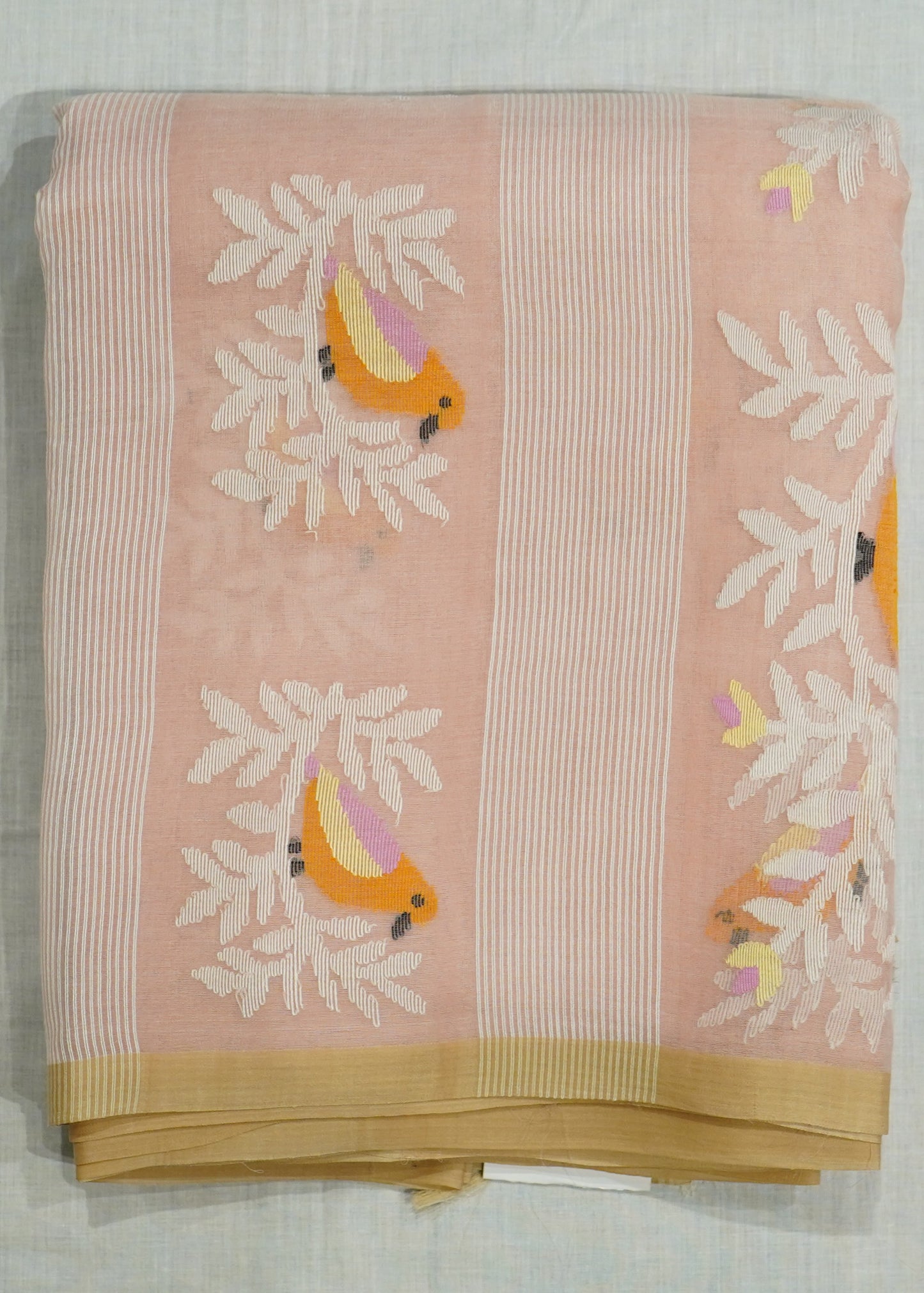 Light Apricot Bengal Bird Jamdhani Buti Pure Silk Handloom saree