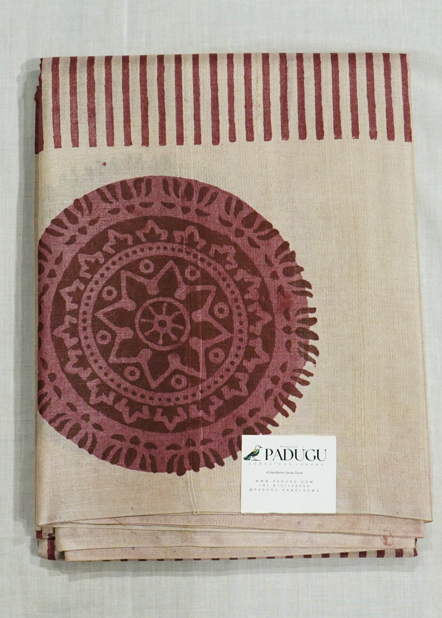 Cream Tussar Hand Block Print Pure Handloom Saree