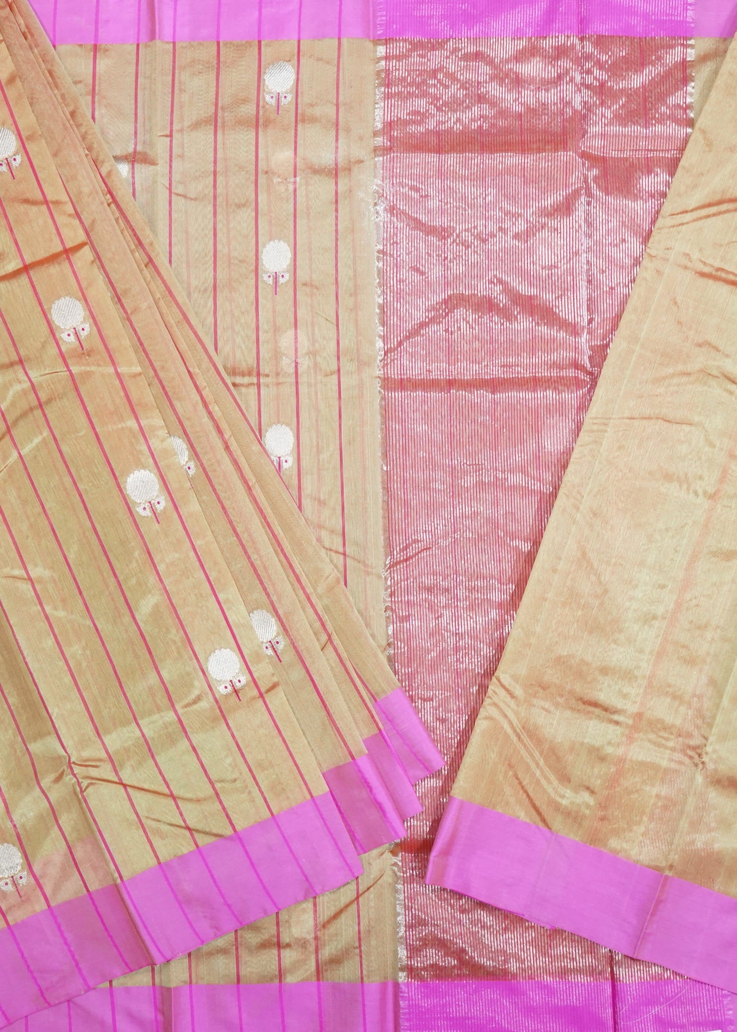Gold Pink Chanderi Zari Donaal Buti Pure Silk Handloom Saree
