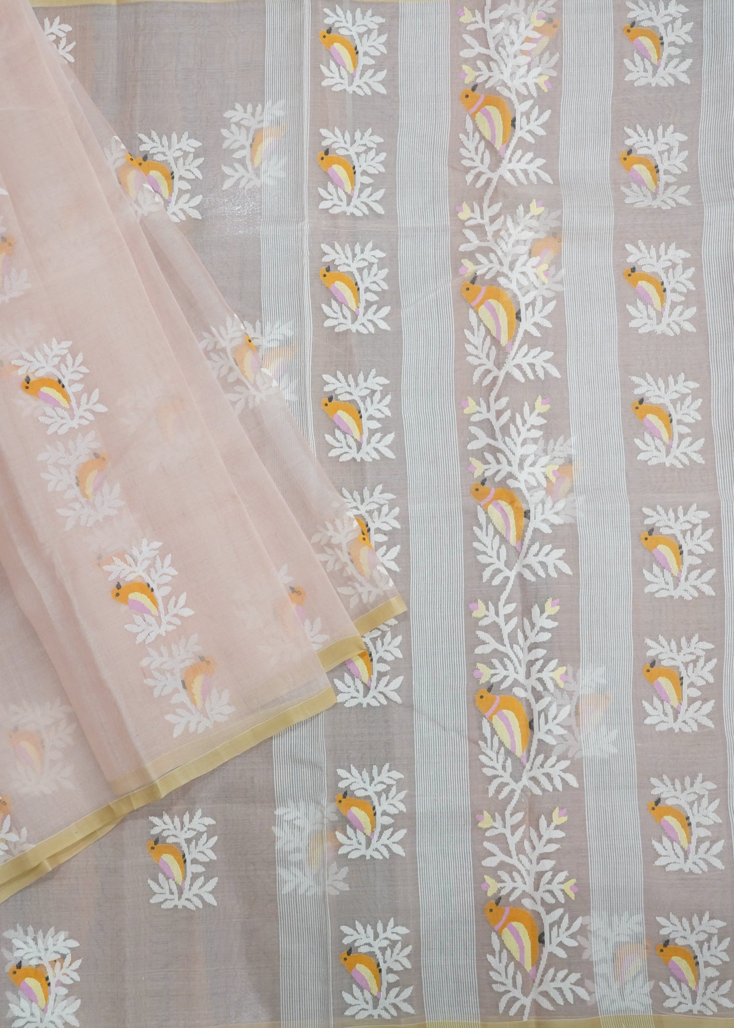 Light Apricot Bengal Bird Jamdhani Buti Pure Silk Handloom saree