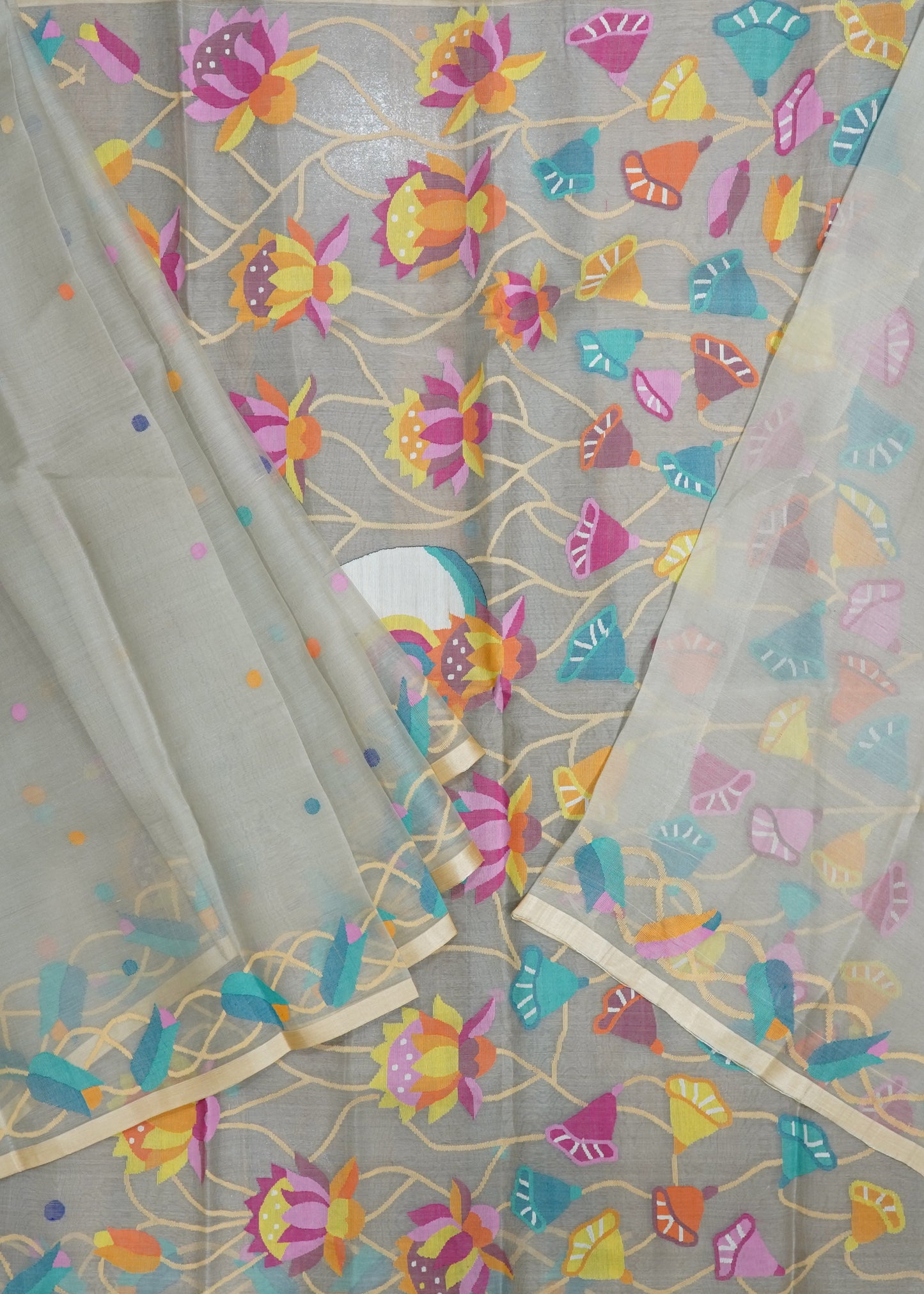 Gray Bengal Jamdhani Buti Muslin Pure Silk Handloom saree