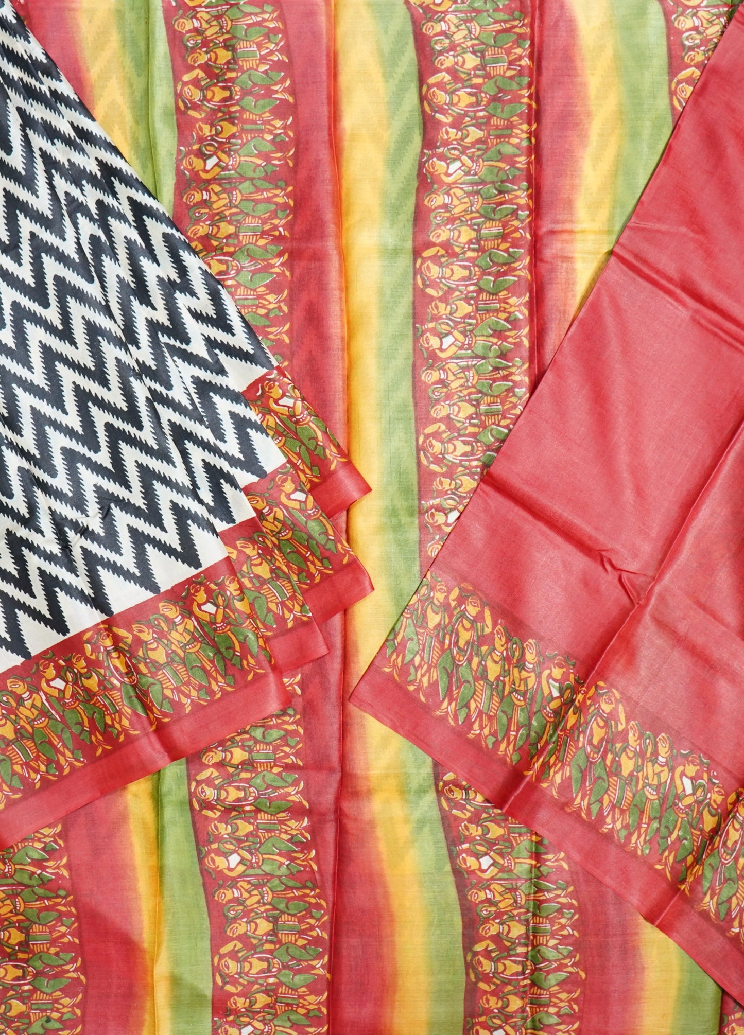 Black Tussar Hand Block Print Pure Handloom Saree
