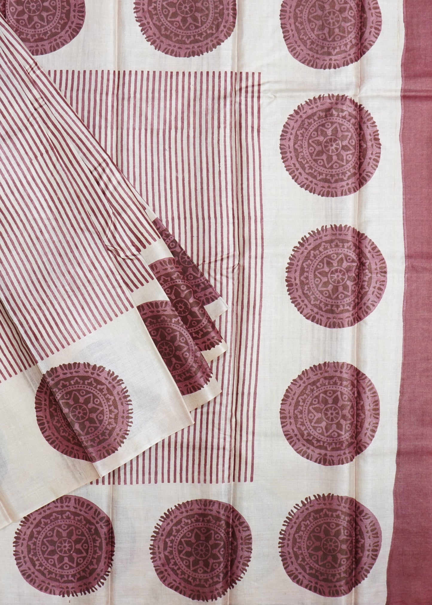 Cream Tussar Hand Block Print Pure Handloom Saree