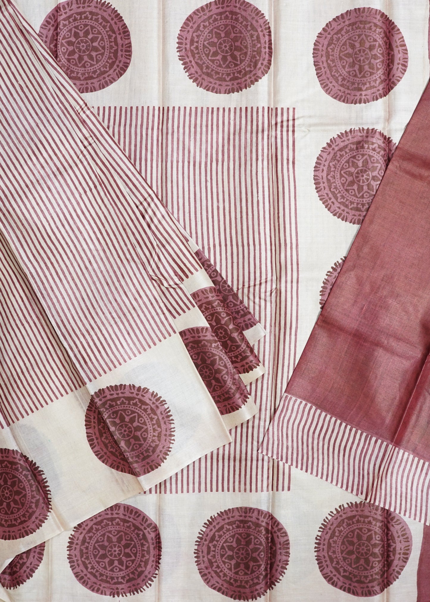 Cream Tussar Hand Block Print Pure Handloom Saree
