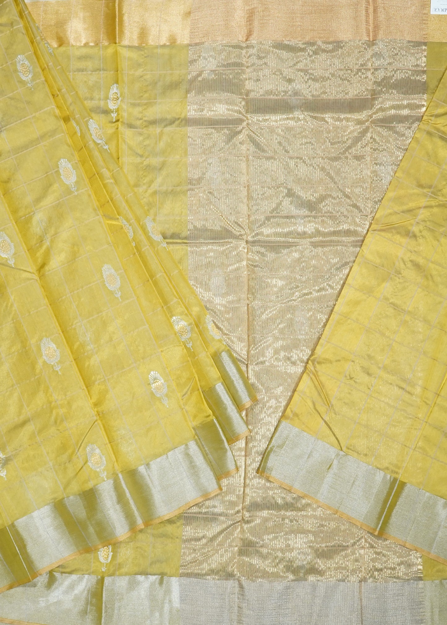 Gold Yellow Chanderi Checks Eknaal Buti Pure Silk Handloom Saree