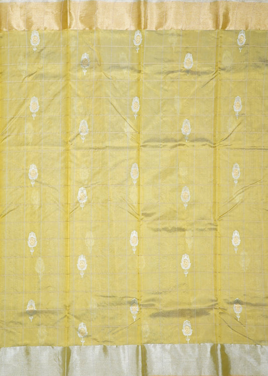 Gold Yellow Chanderi Checks Eknaal Buti Pure Silk Handloom Saree