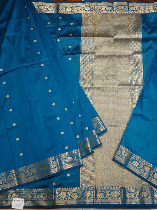 Peacock Blue Banaras Katan Silk Saree with Zari Buttis