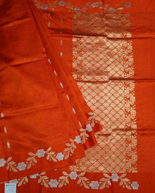 Orange Banaras Katan Silk Saree with Zari Border & Zari Buttis