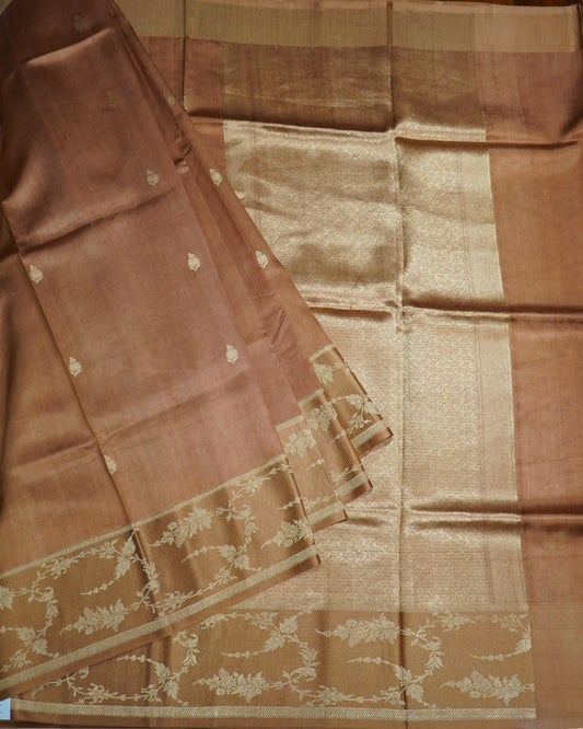 Brown Banaras Raw Mango Silk Saree with Zari Buttis