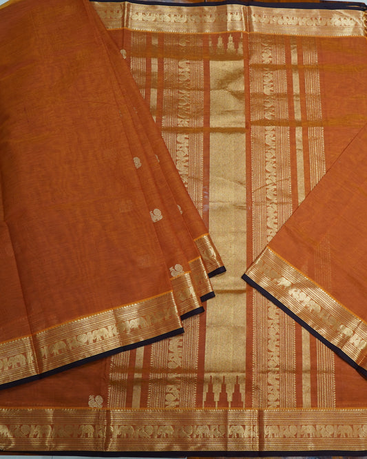 Gold Pure Handloom Kanchi Silk Cotton Saree with Zari Border