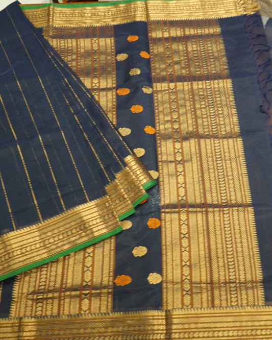 Navy Blue Kanchi Silk Cotton Saree with Zari Silk Handloom Saree