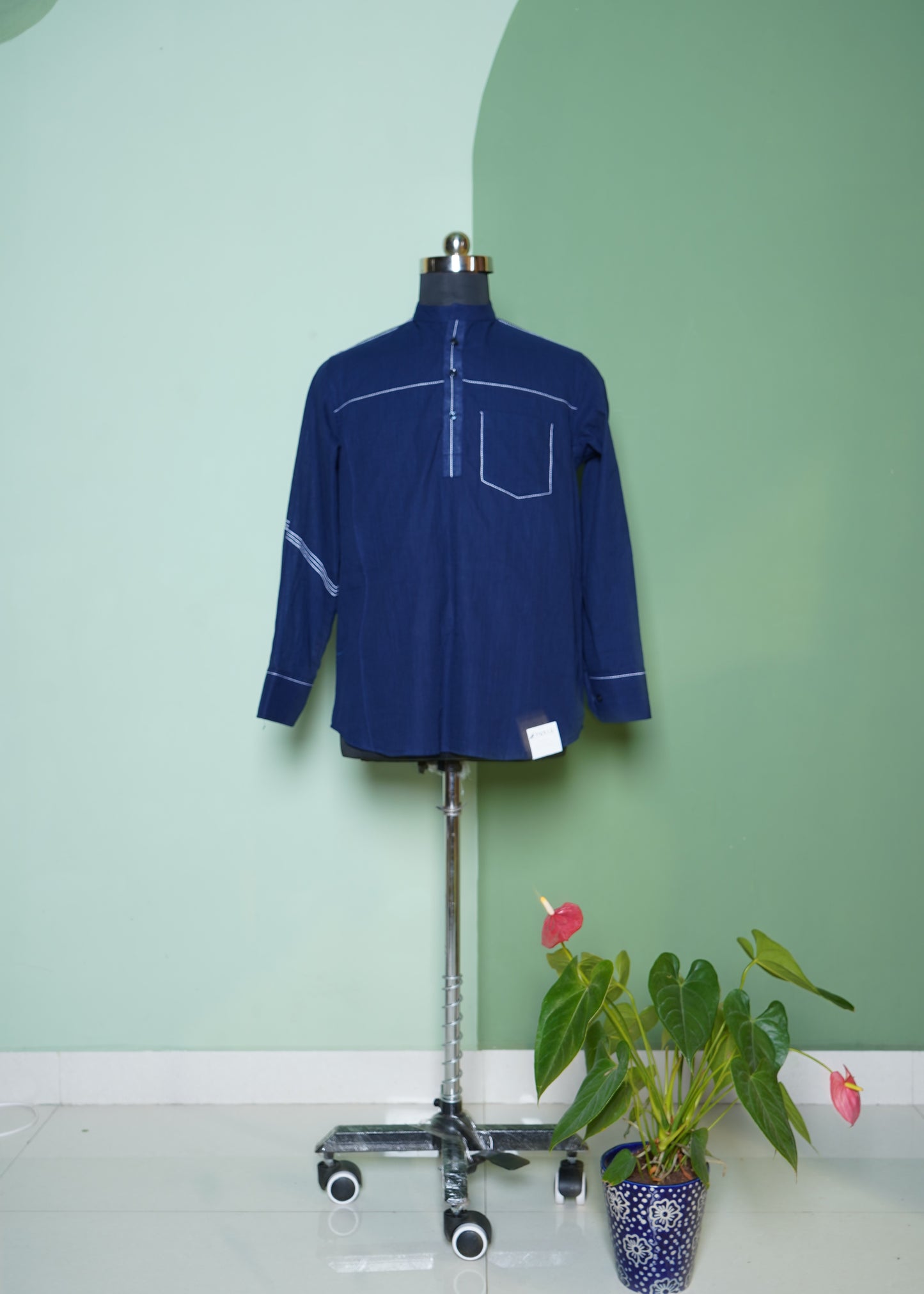 Jaipur Navy Blue Dyed Cotton Shirt with Running Embroidery