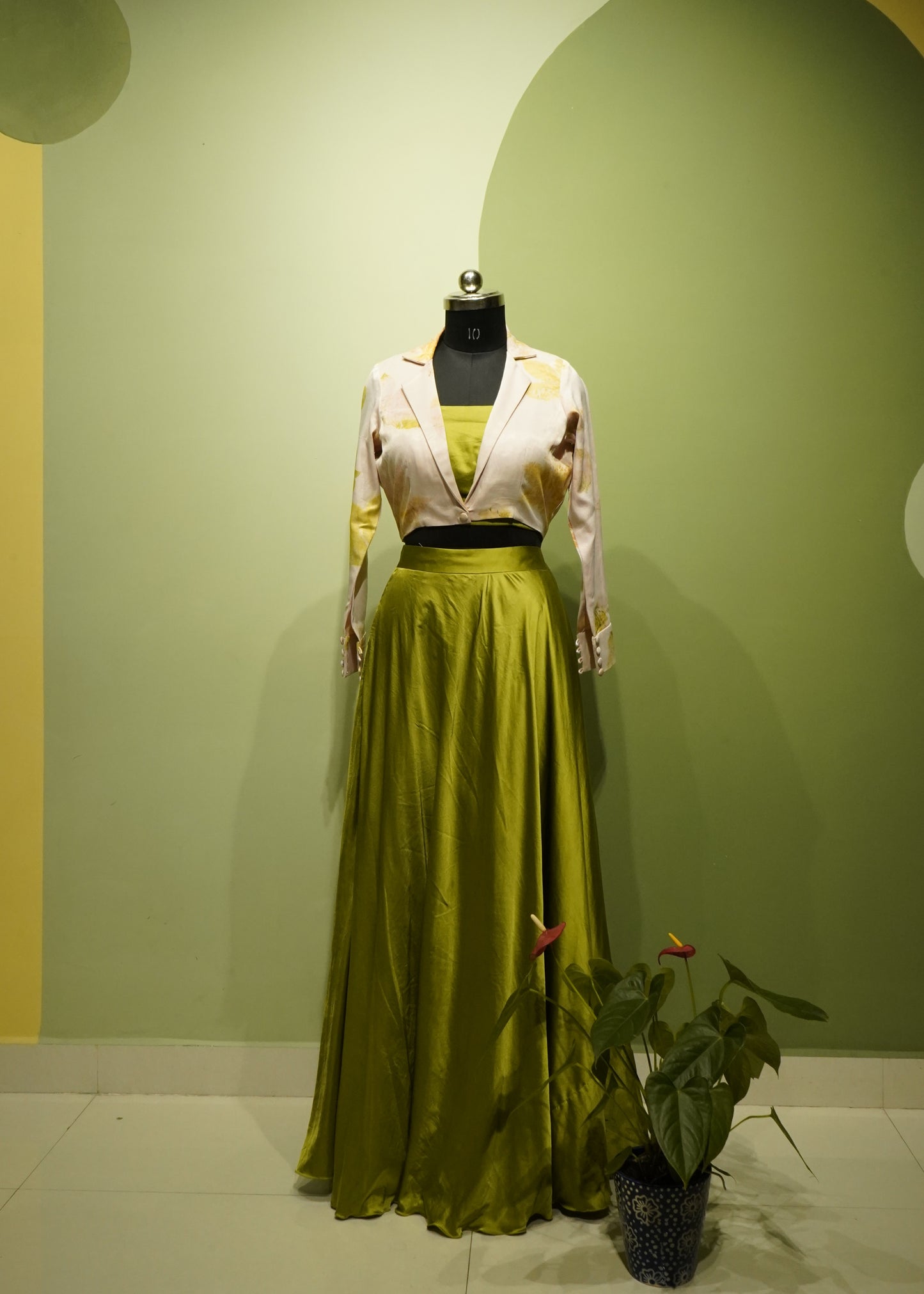 Green Satin Eco Print Lehanga