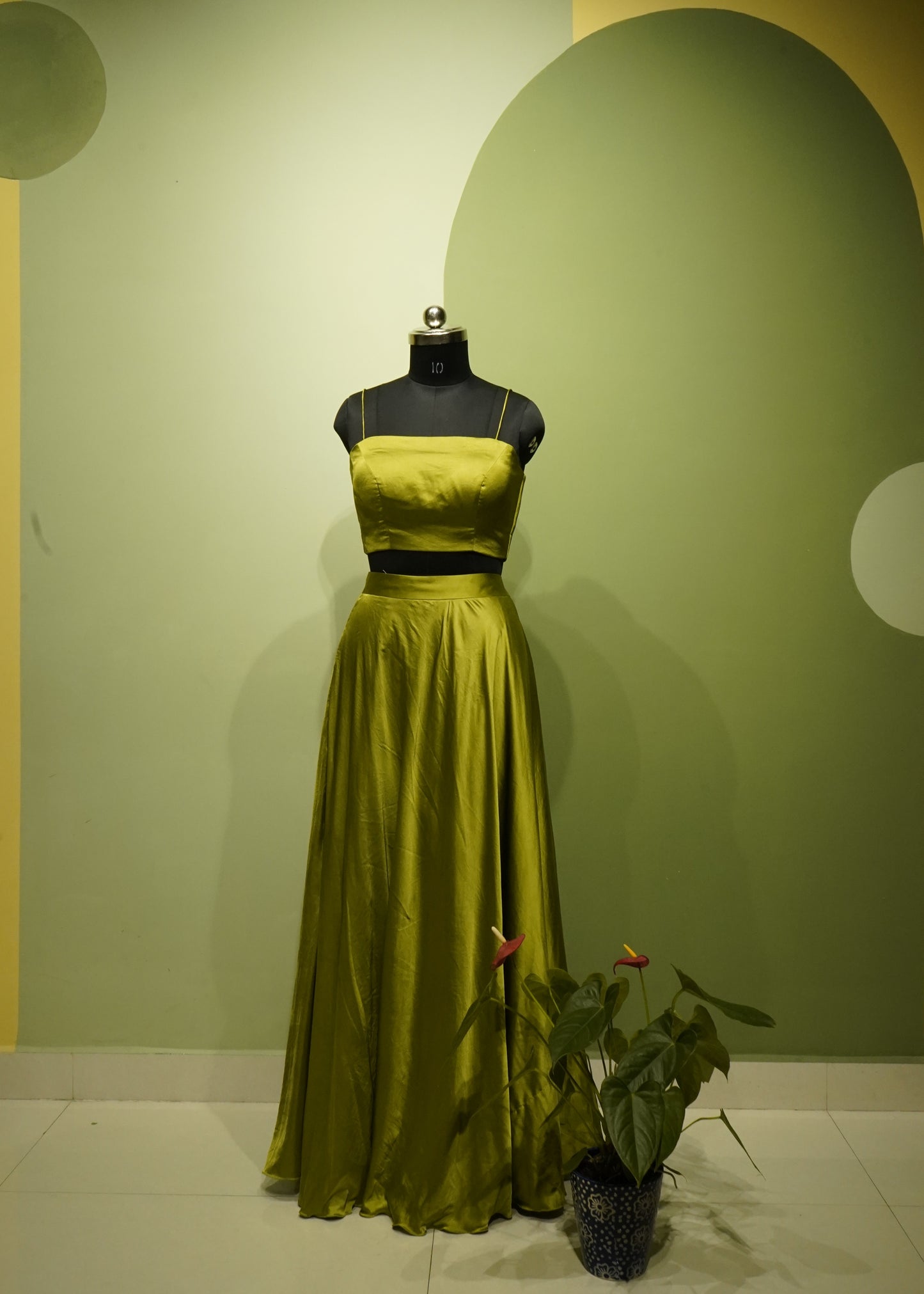 Green Satin Eco Print Lehanga