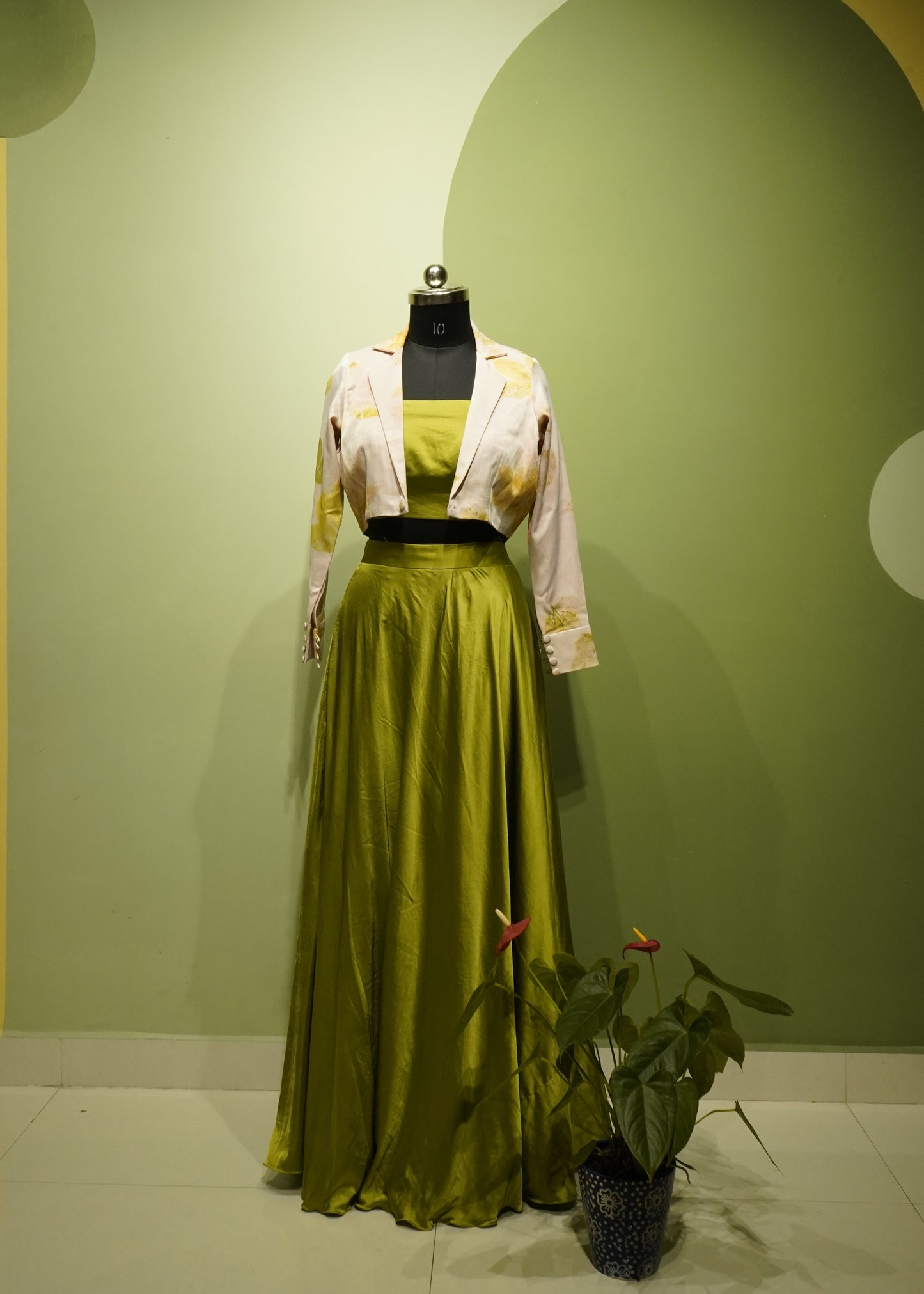 Green Satin Eco Print Lehanga