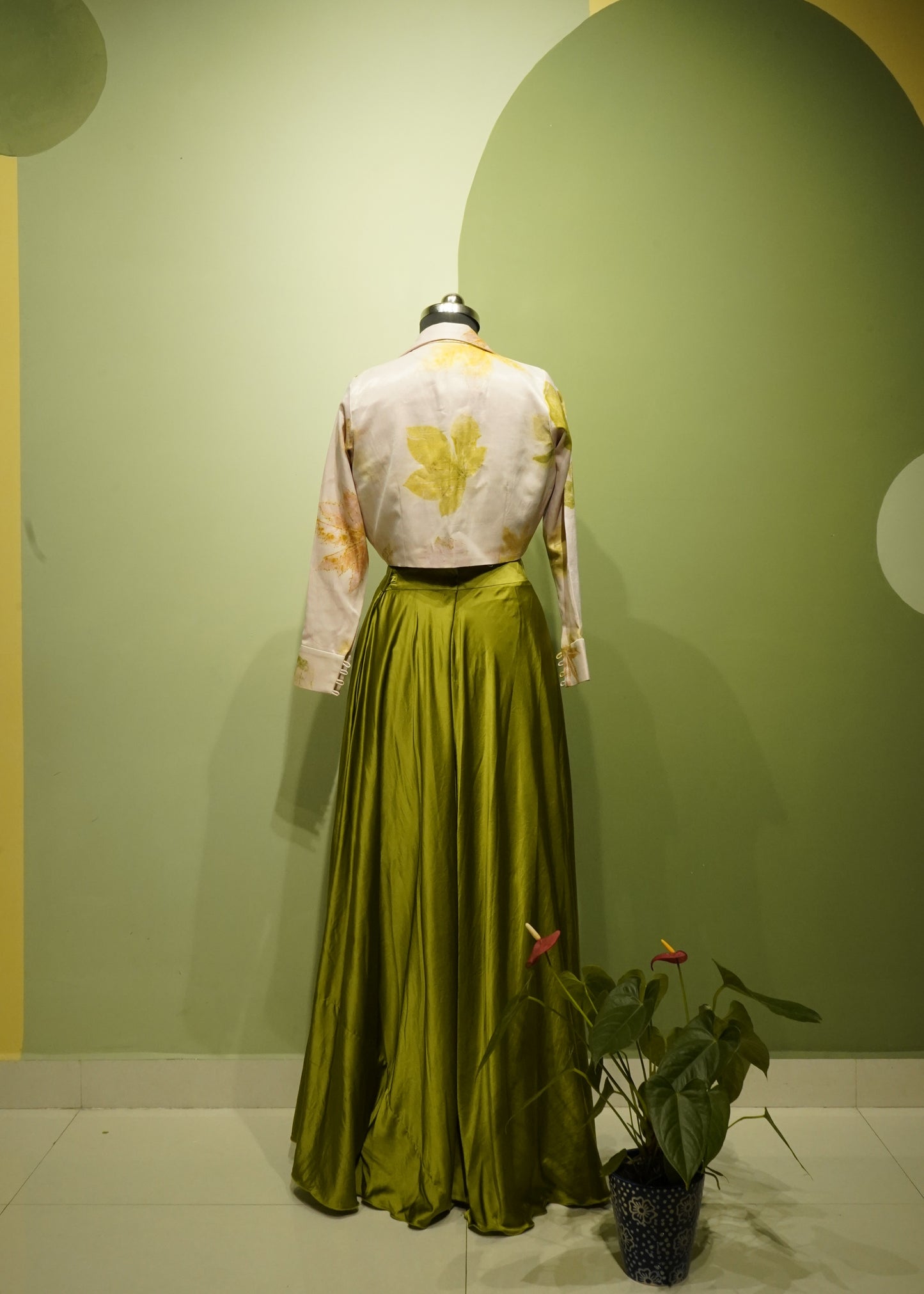 Green Satin Eco Print Lehanga